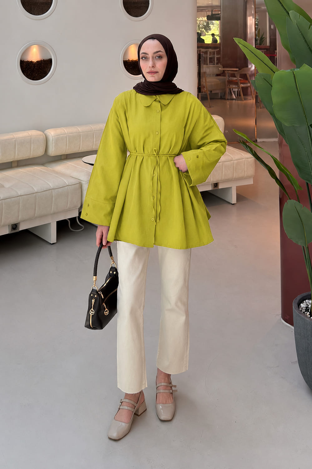 Lamelif Bağlama Detaylı Takma Manşet Gömlek Yağ Yeşili