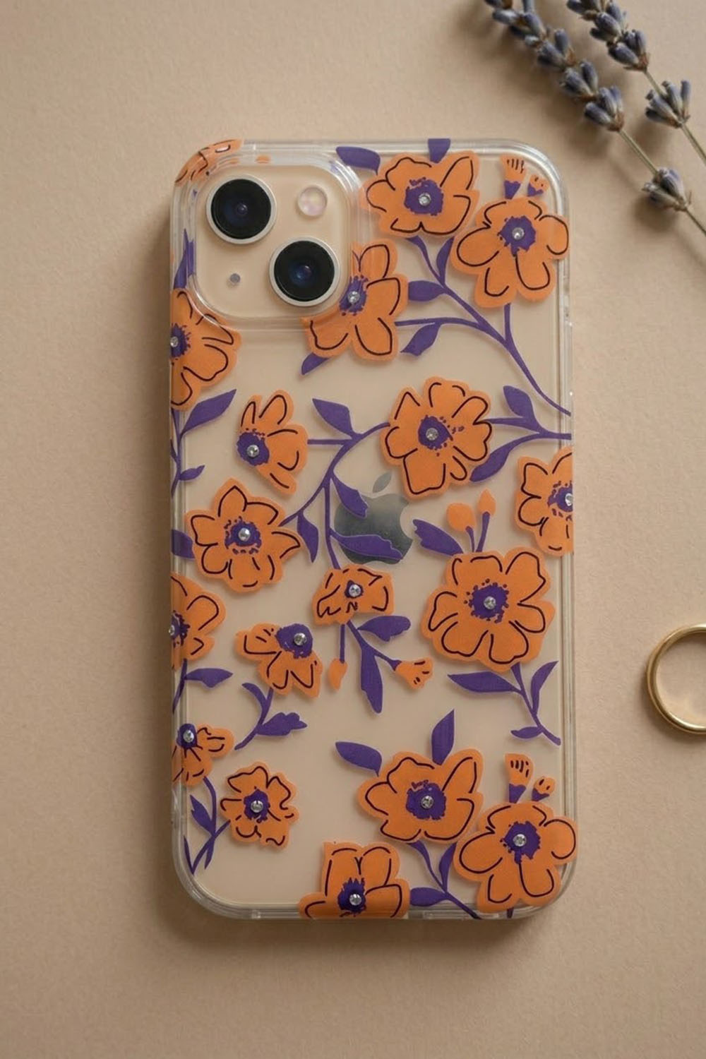 Lamelif iPhone 13/14 Turuncu Çiçekli Taşlı Telefon Kılıfı