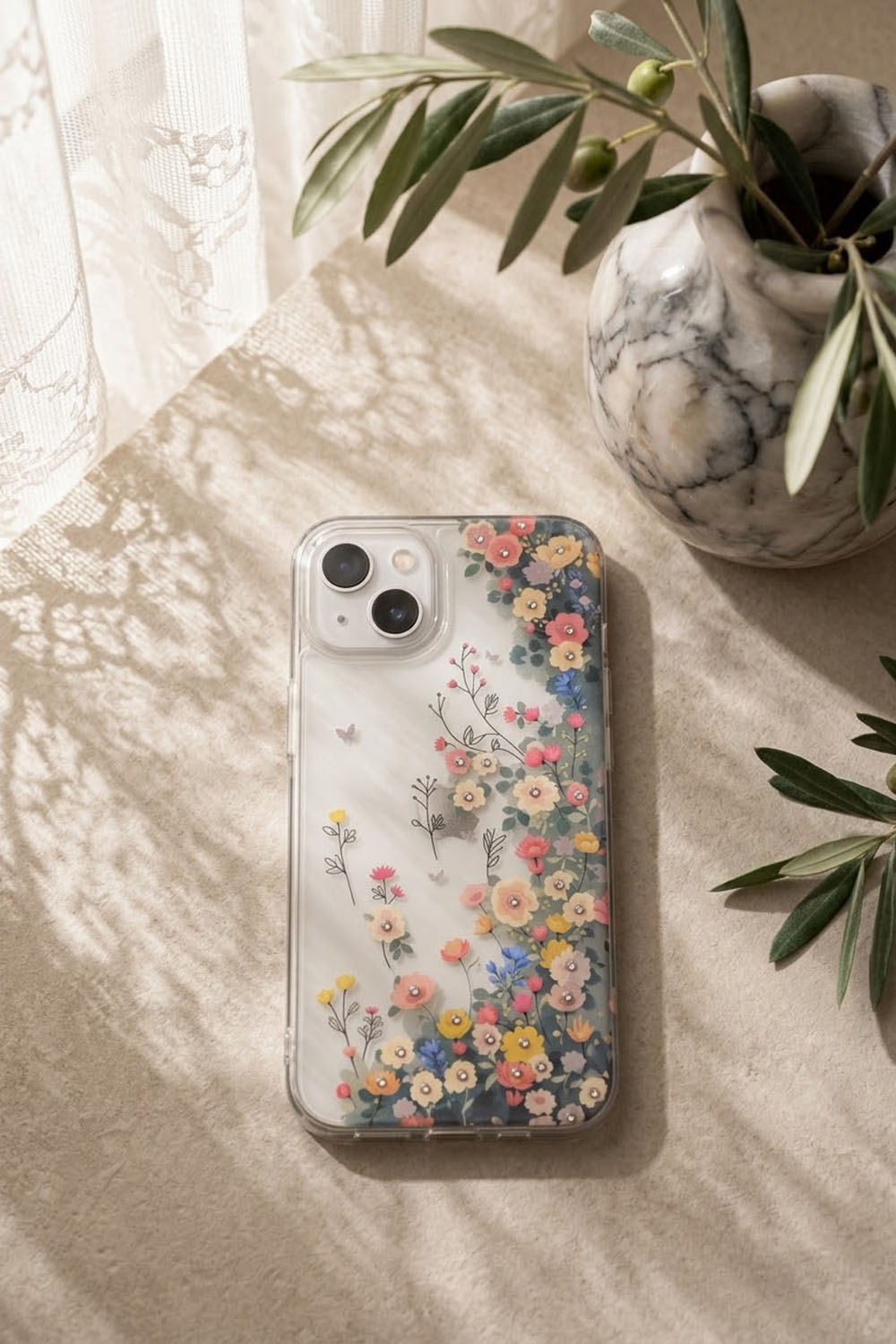 Lamelif iPhone 13/14 Yeşil Çiçekli Taşlı Telefon Kılıfı