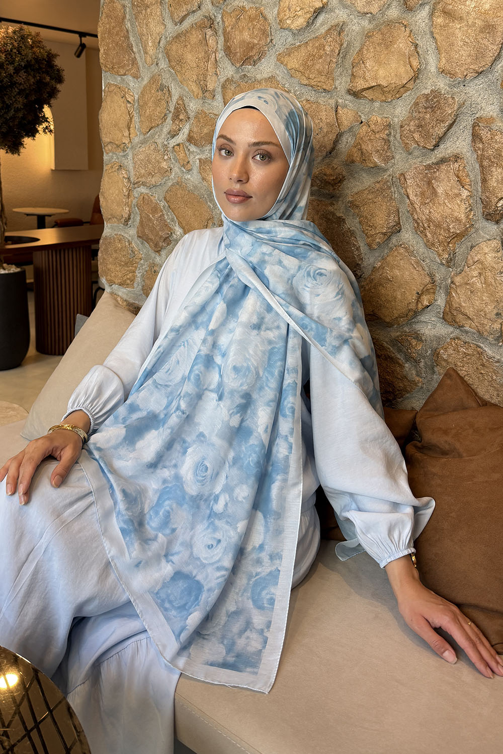 Lamelif  Botanik Çiçek Desen Lara Soft Şal Bebe Mavisi