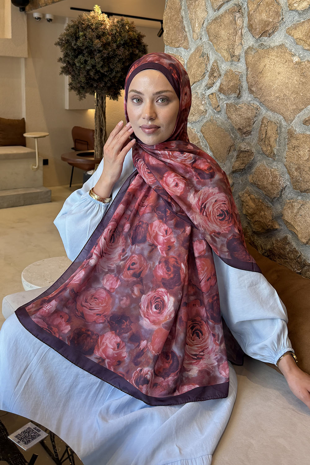 Lamelif  Botanik Çiçek Desen Lara Soft Şal Mürdüm
