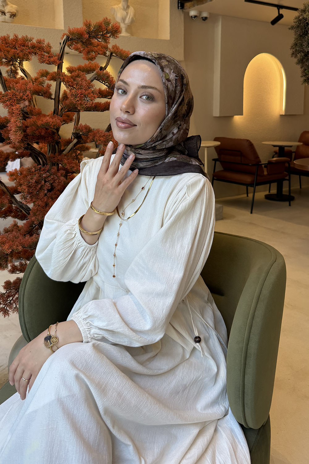 Lamelif Çiçek Desen Bambu Eşarp Acı Kahve