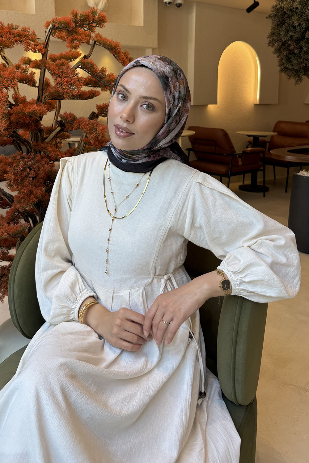 Lamelif Çiçek Desen Bambu Eşarp Gül Kurusu