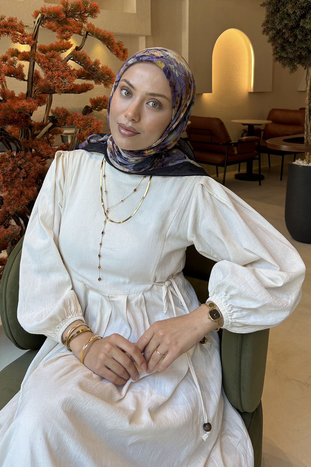 Lamelif Çiçek Desen Bambu Eşarp Lavanta