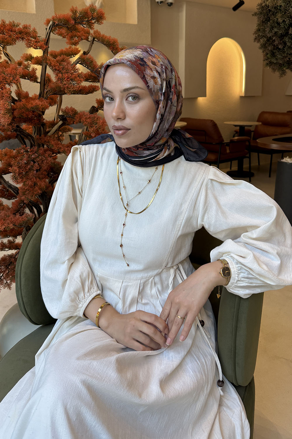 Lamelif Çiçek Desen Bambu Eşarp Turuncu