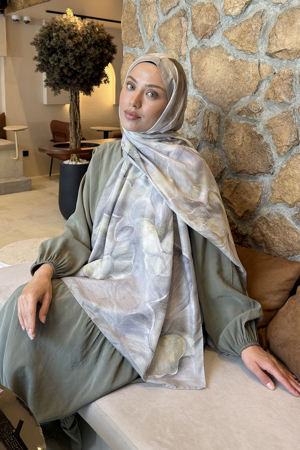 Antik Bej Cotton Striped Printed Shawl