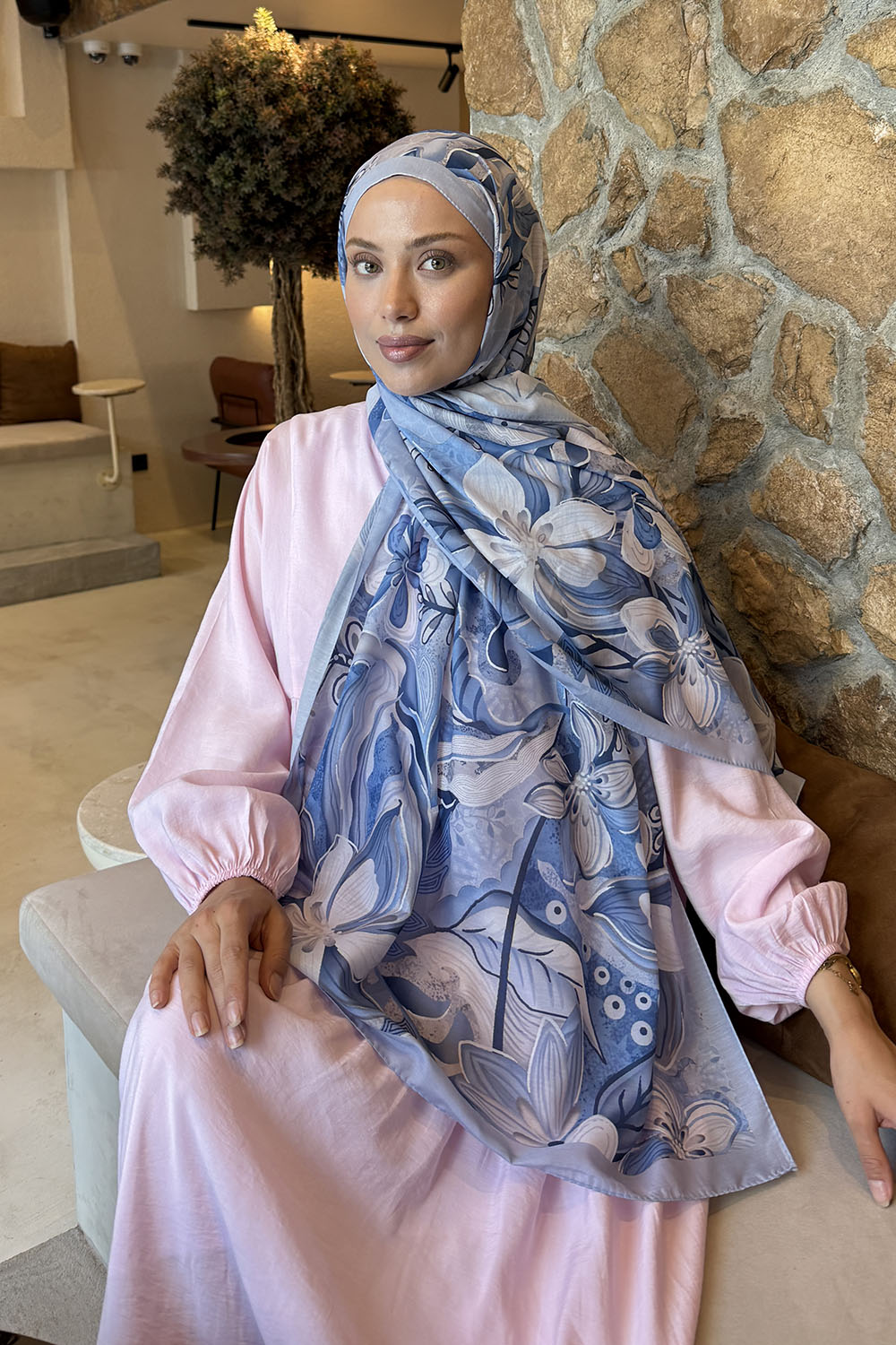 Lamelif Çiçek Desen Lara Soft Şal Bebe Mavisi