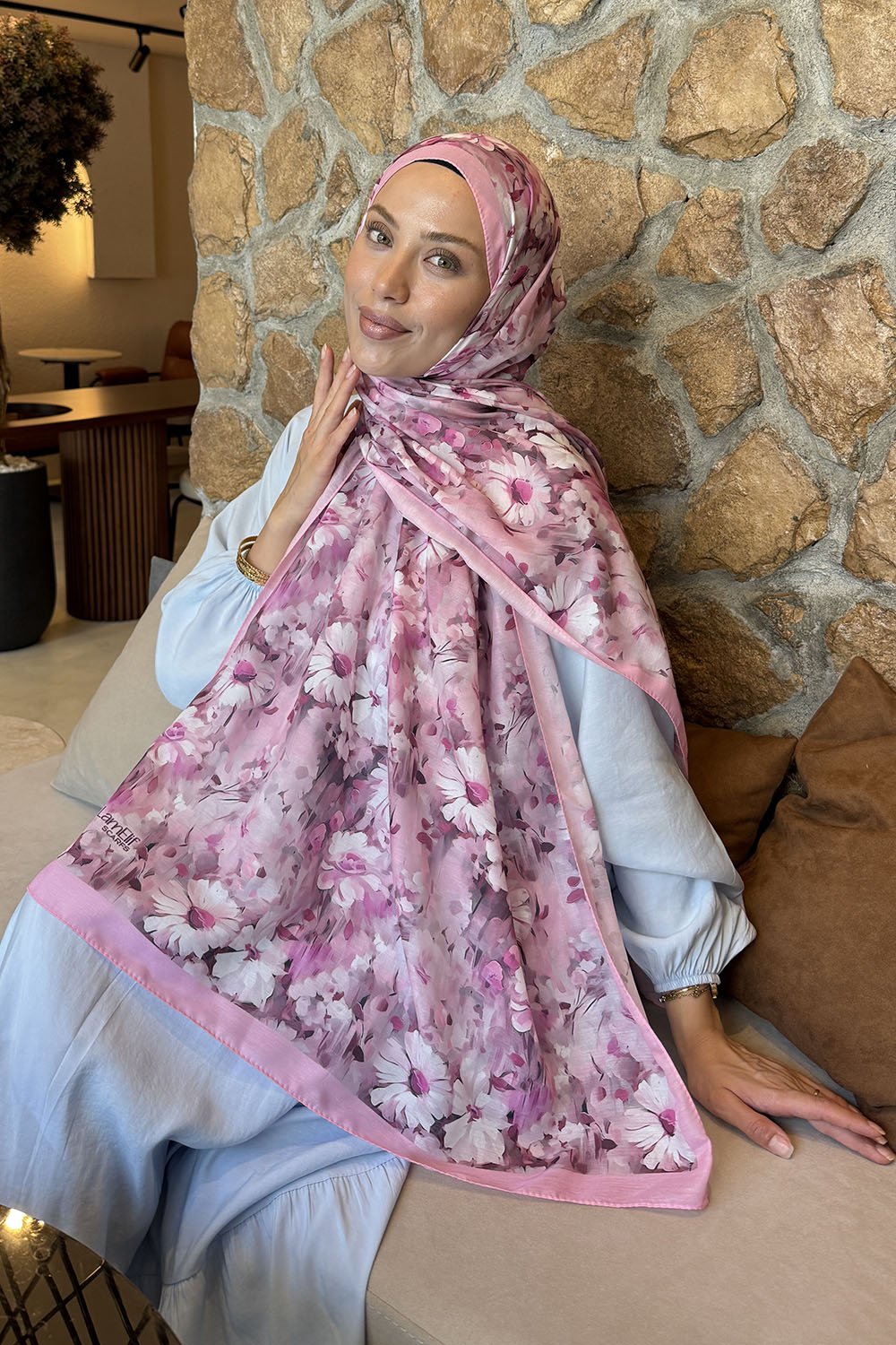 Candy Pink Cotton Striped Printed Shawl