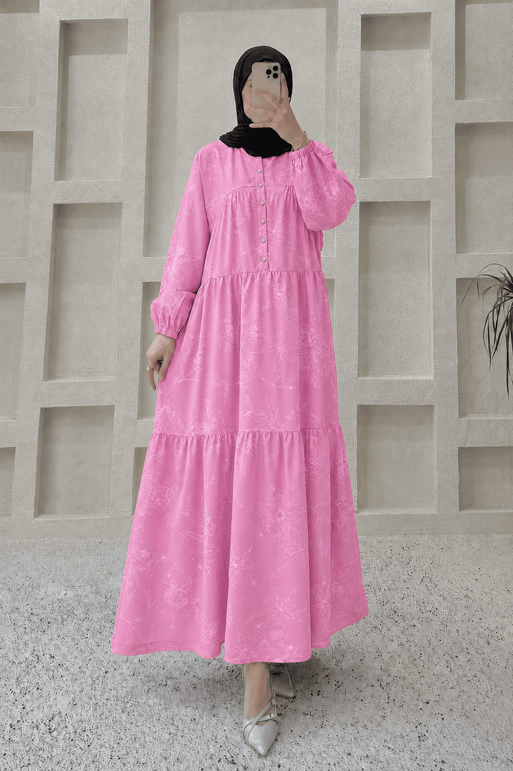 Lamelif Çiçek Desenli Gold Düğmeli Elbise Pembe