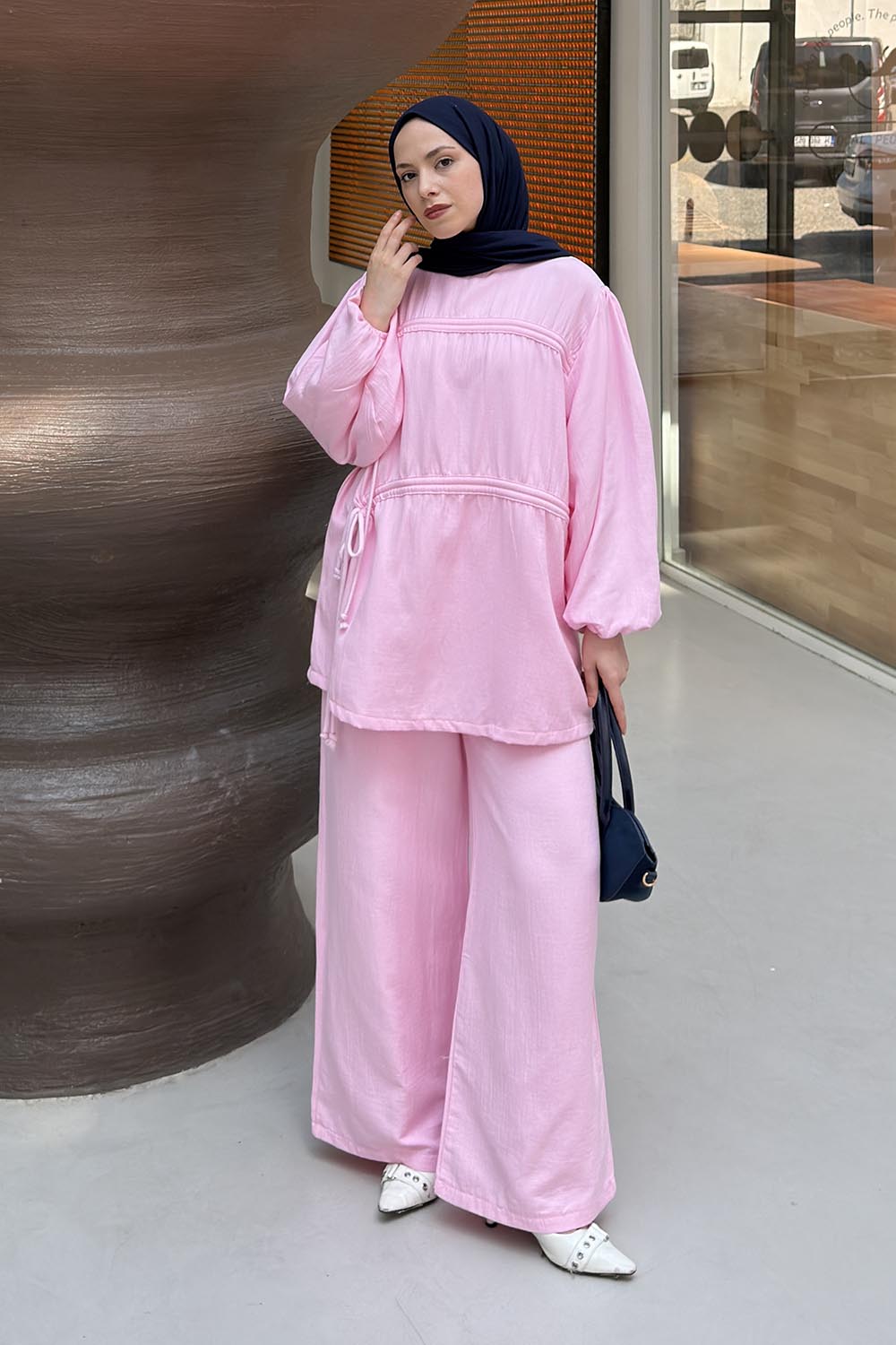 Pink Crew Neck Long Arm Cotton Regular Trousers Comfortable Suit