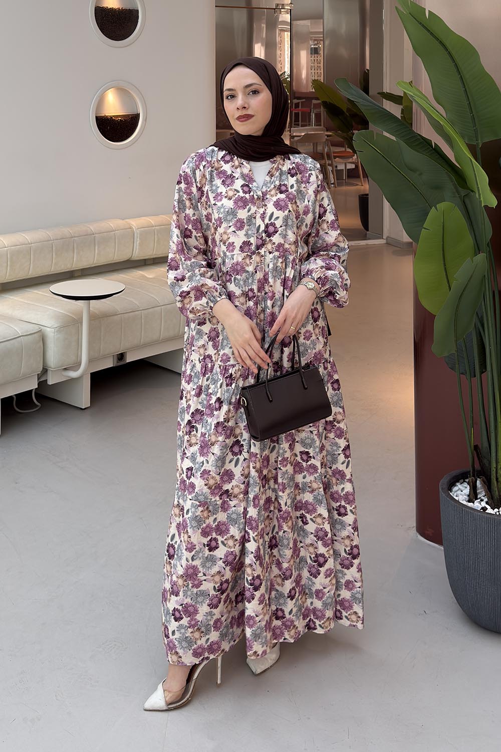 Purble V Neck Cotton Polyester Printed Dresess