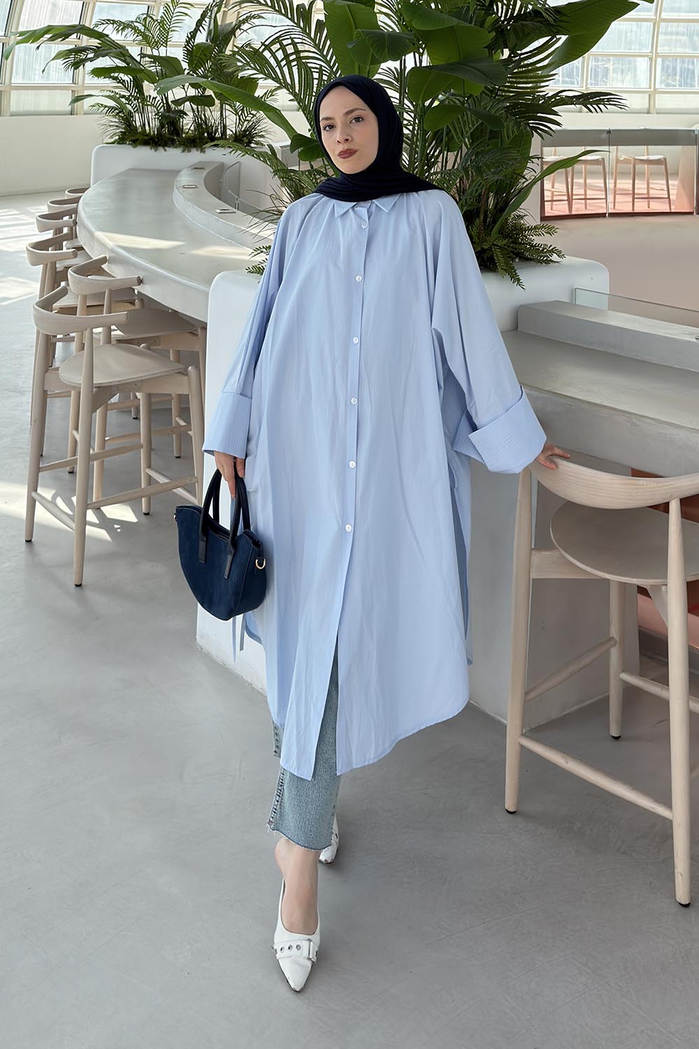 Baby Blue Shirt Collar Cotton Tunic