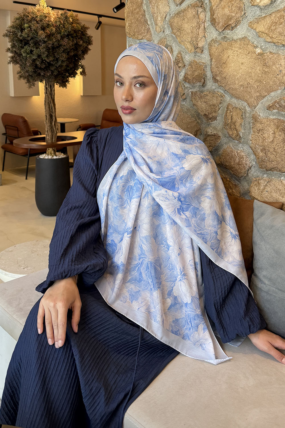 Lamelif Floral Desen Lara Soft Şal Bebe Mavisi
