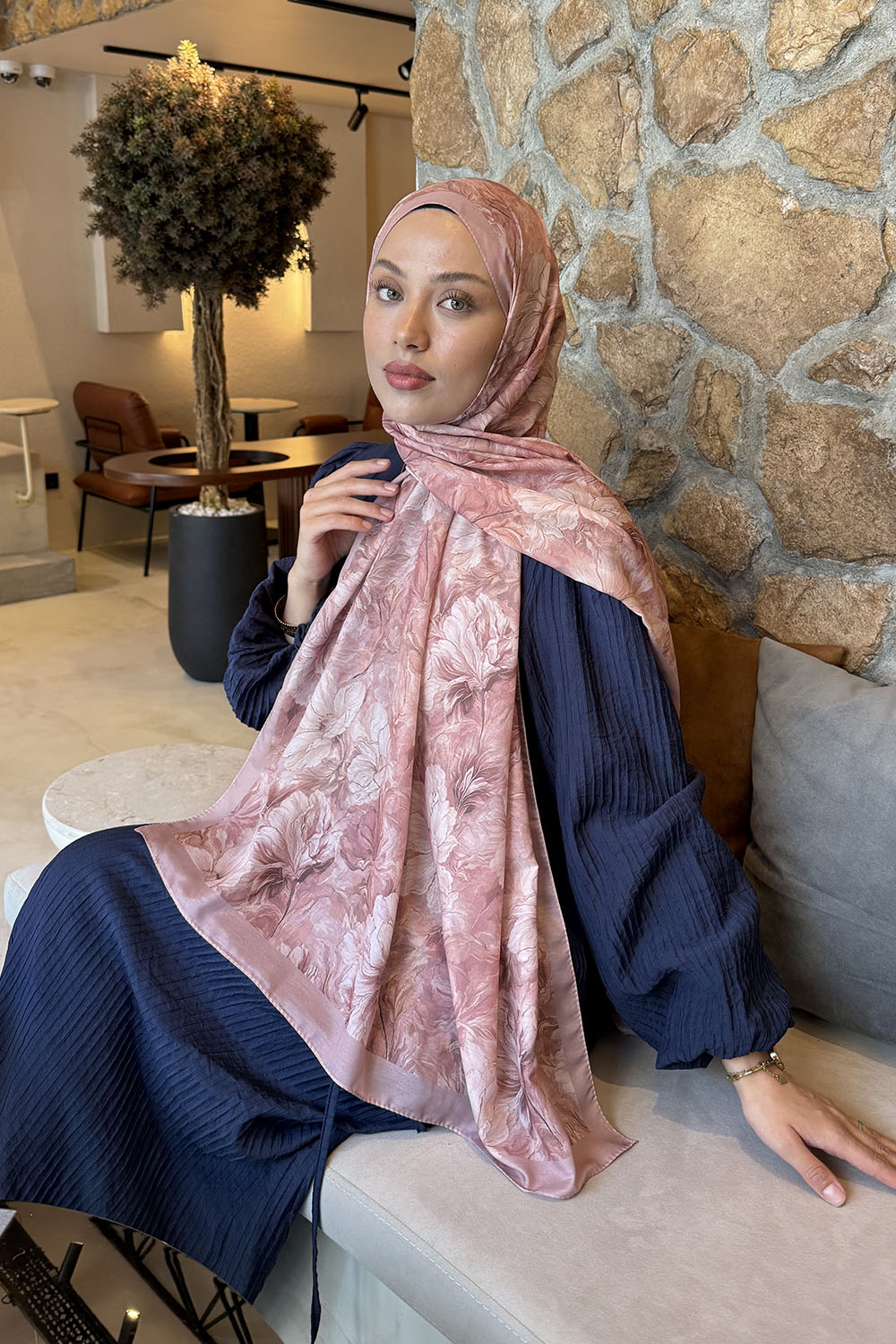 Lamelif Floral Desen Lara Soft Şal Pudra
