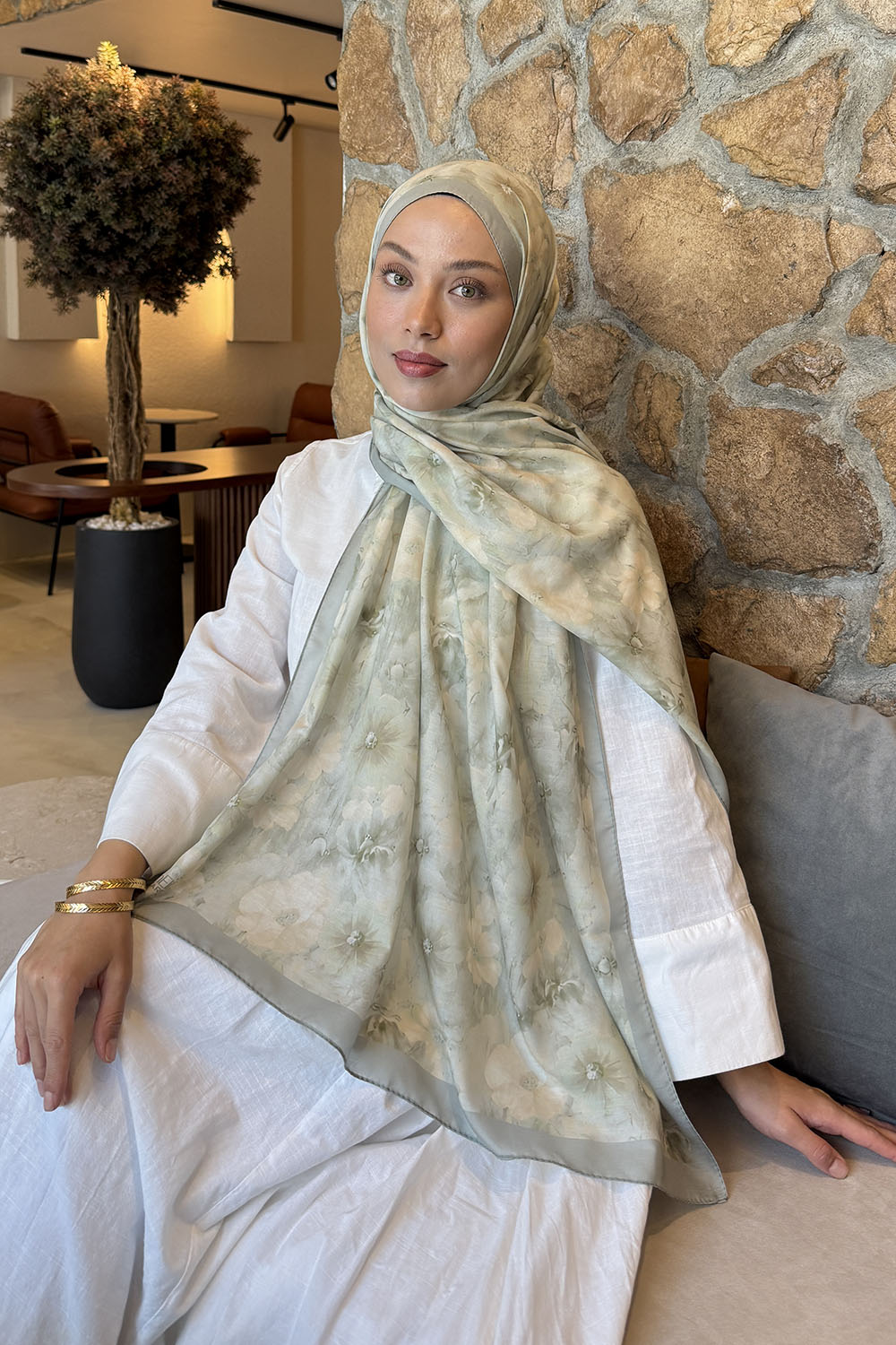 Lamelif Flower Desen Lara Soft Şal Çağla Yeşili
