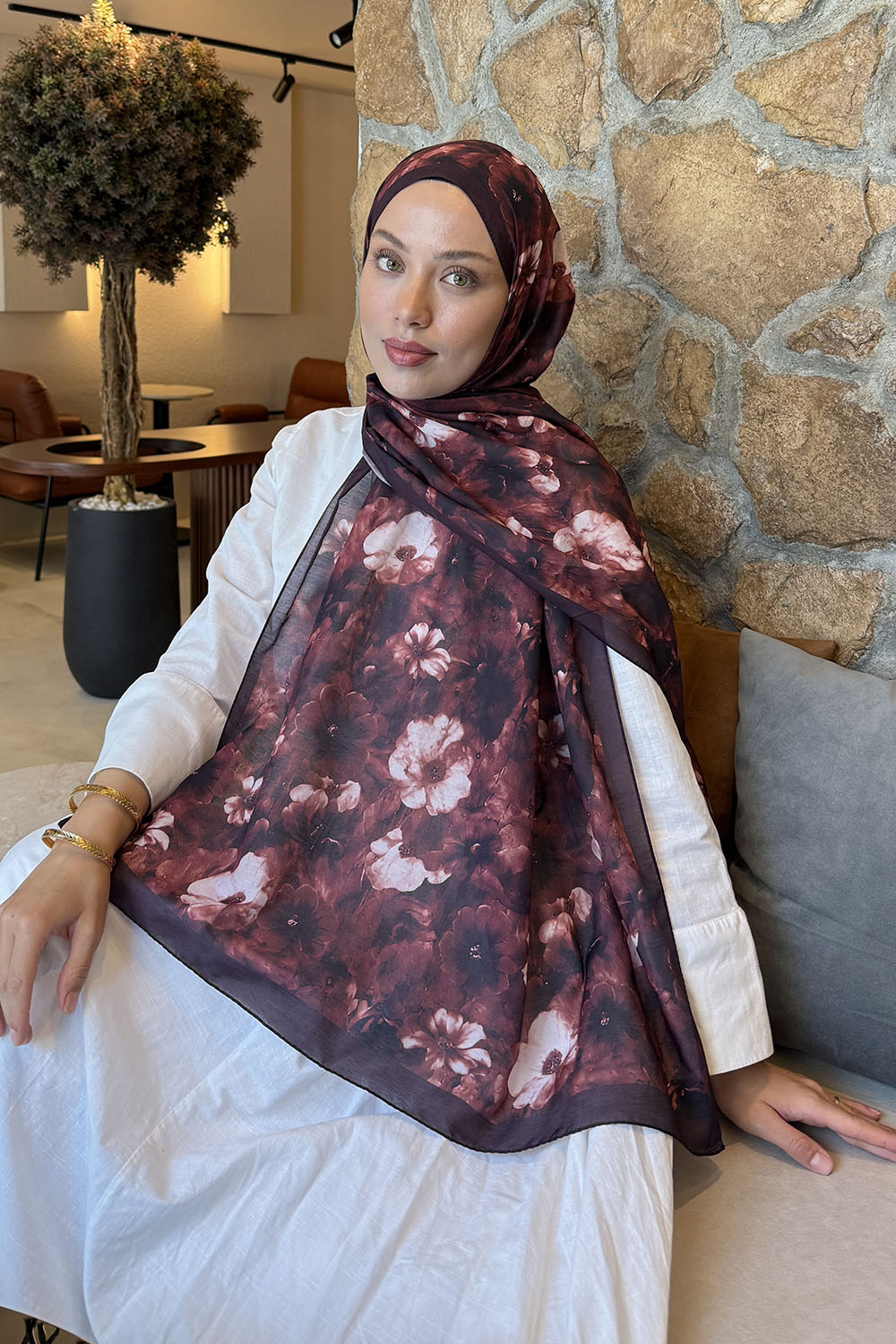 Koyu Bordo Cotton Striped Printed Shawl