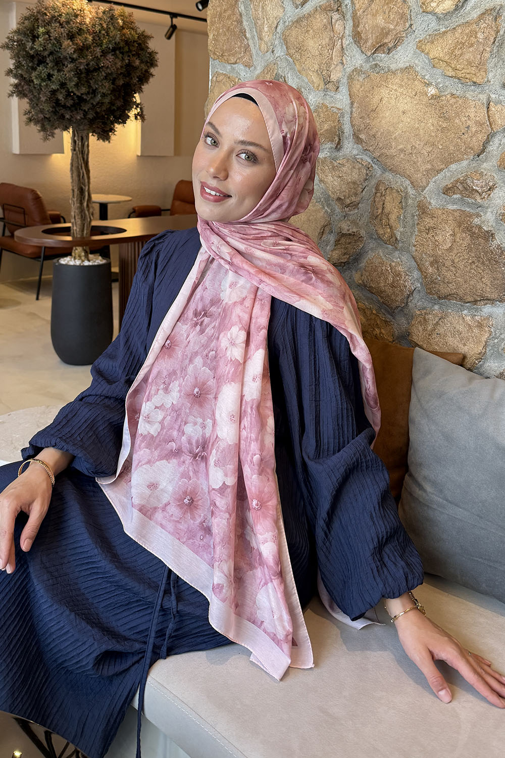 Lamelif Flower Desen Lara Soft Şal Toz Pembe