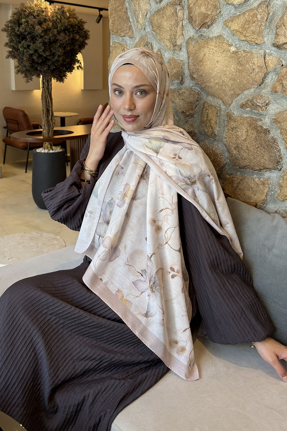 Lamelif Manolya Desen Lara Soft Şal Bej