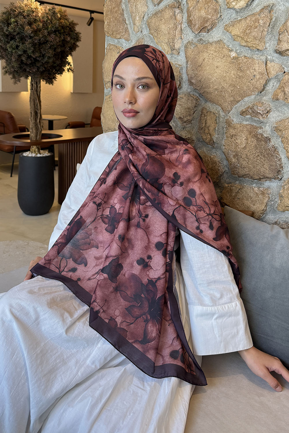 Koyu Bordo Cotton Striped Printed Shawl