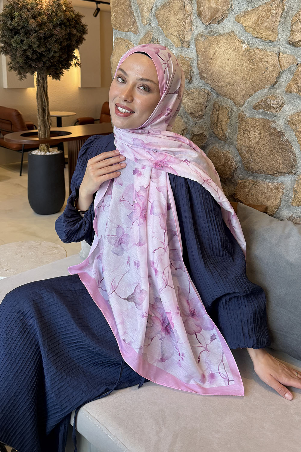 Candy Pink Cotton Striped Printed Shawl