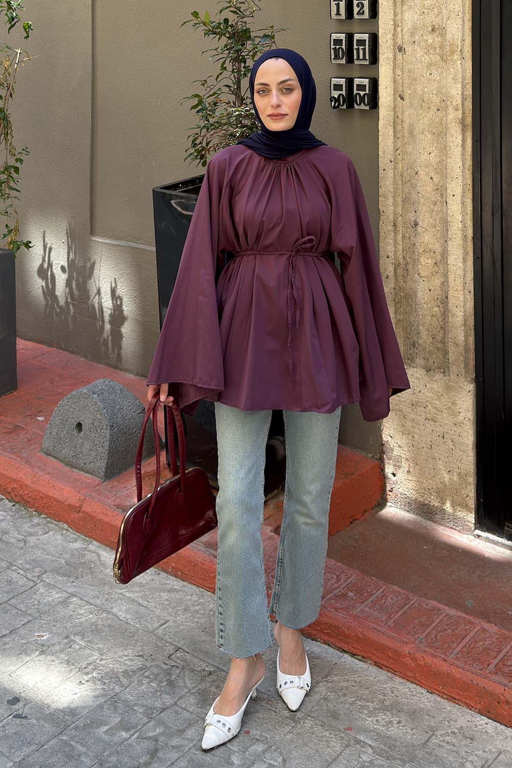 Lamelif Geniş Kol Dik Yaka Oversize Tunik Mürdüm