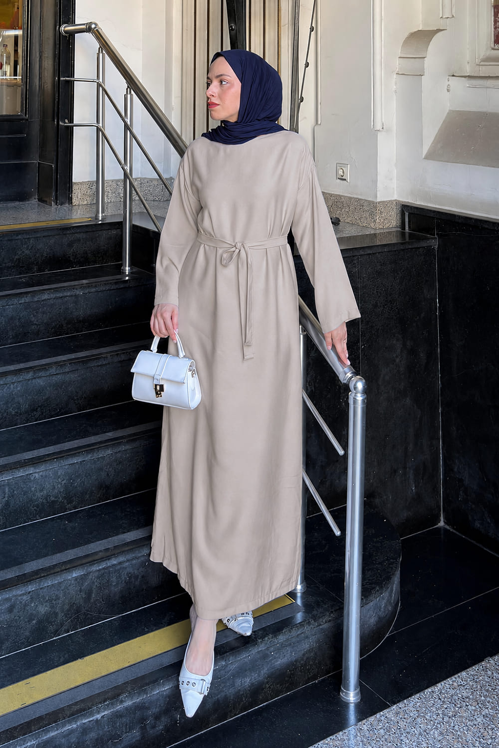 Lamelif Kuşaklı Dokuma Elbise Taş Rengi