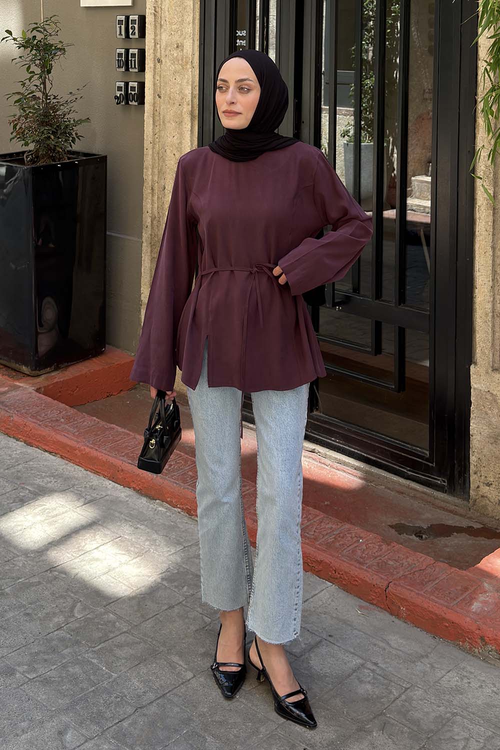 Lamelif Sırt Bağlama Detaylı Tensel Gömlek Mürdüm