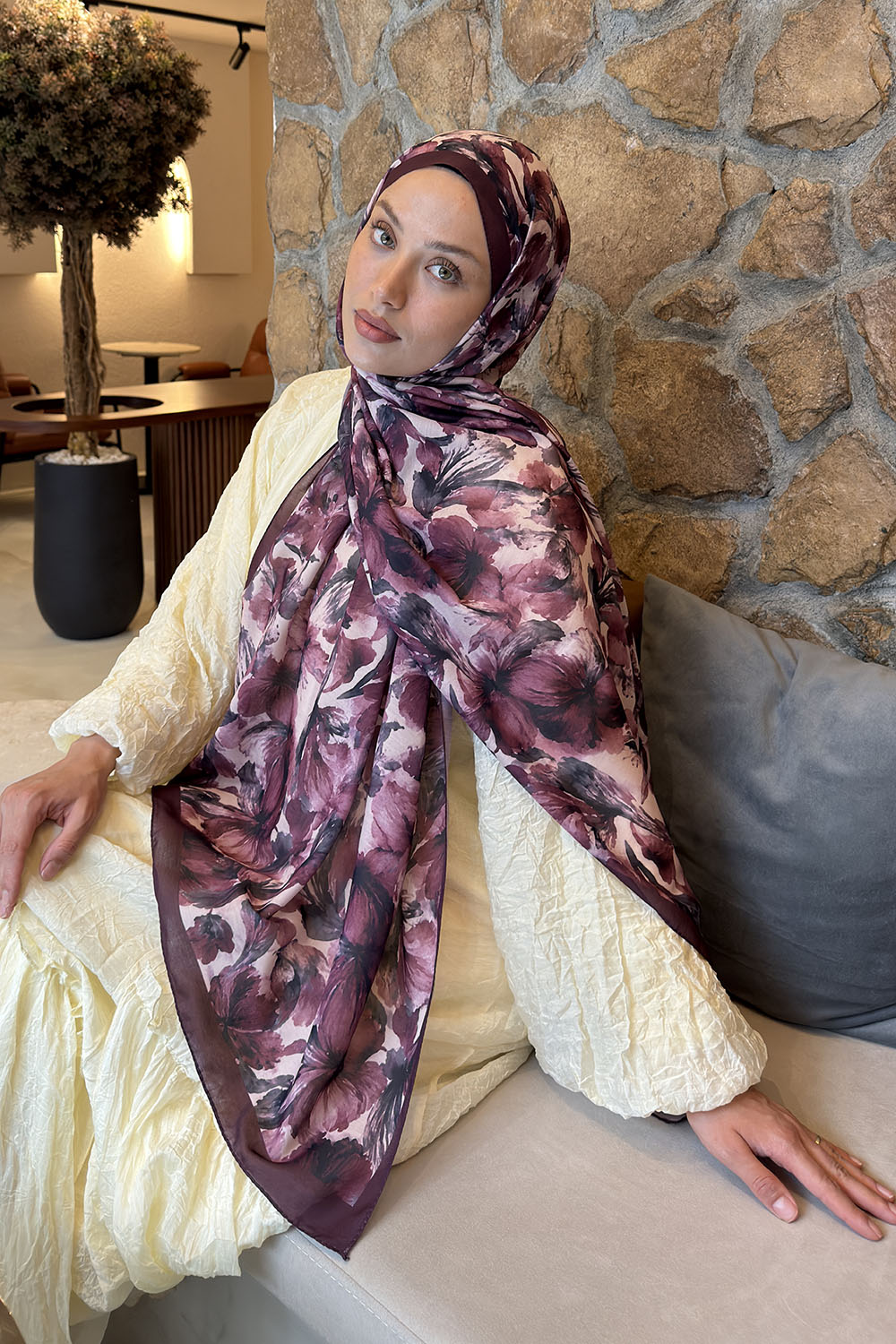 Lamelif Lale Desen Lara Soft Şal Mürdüm