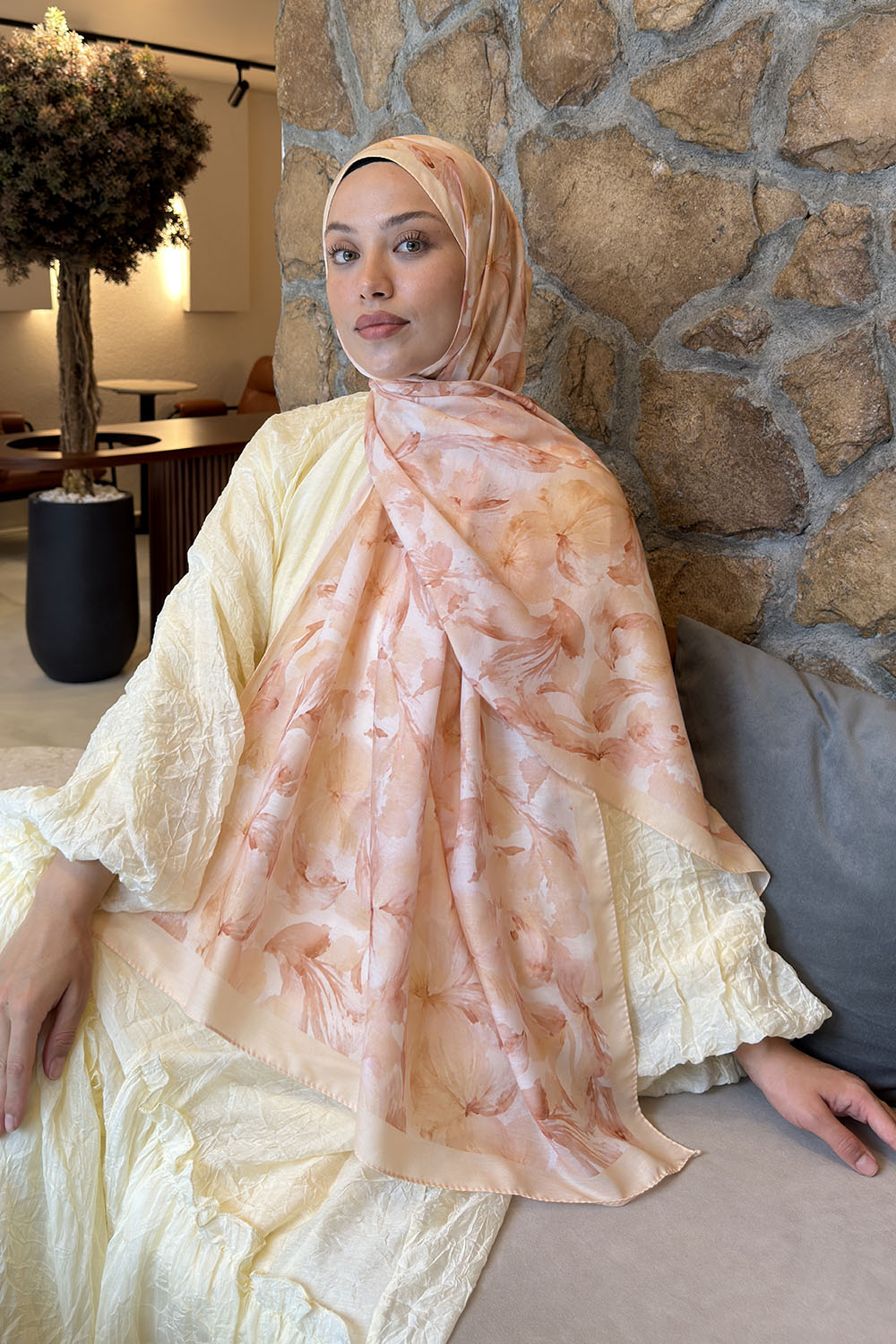 Lamelif Lale Desen Lara Soft Şal Somon
