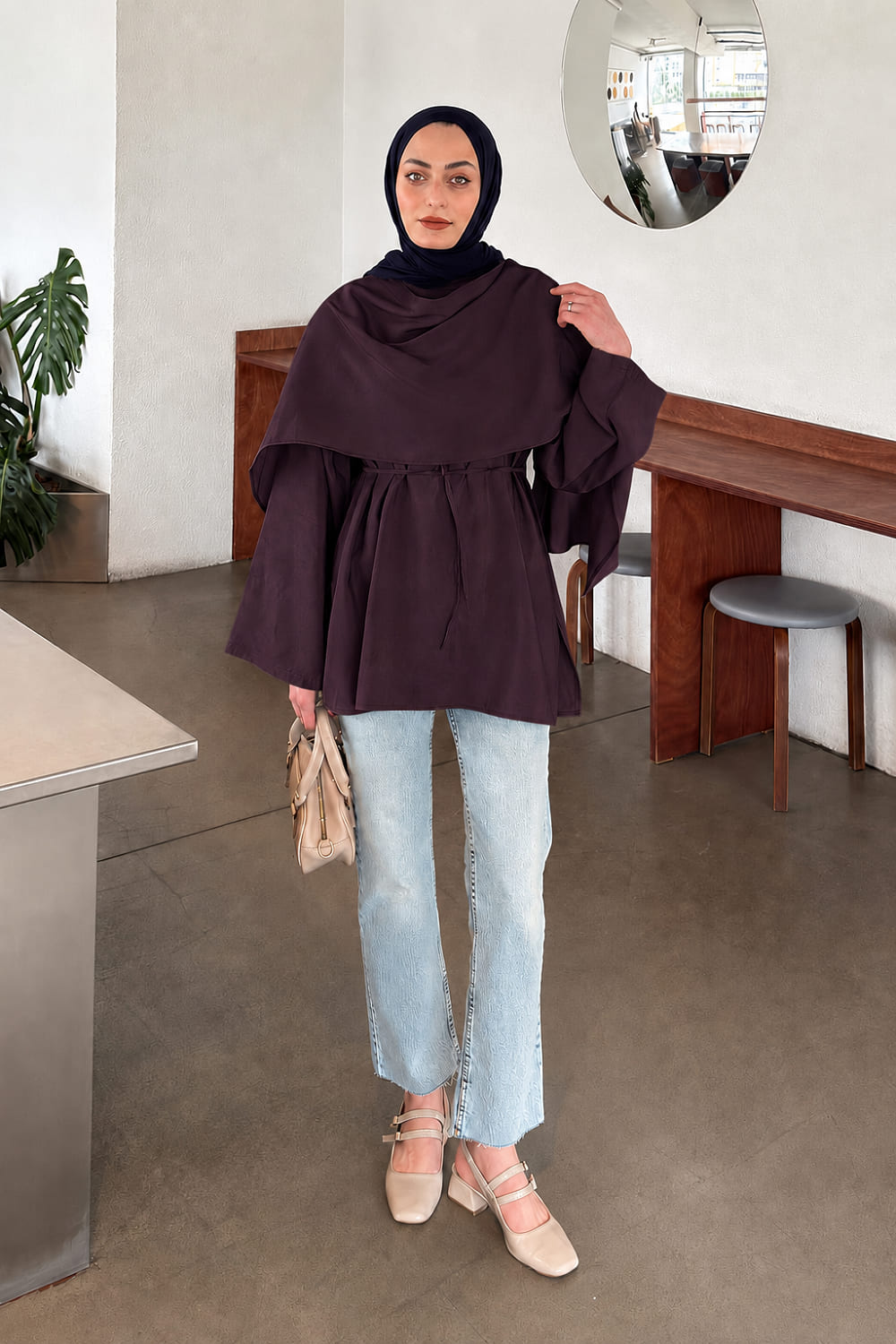 Lamelif Şallı Bağlama Detaylı Tunik Mürdüm
