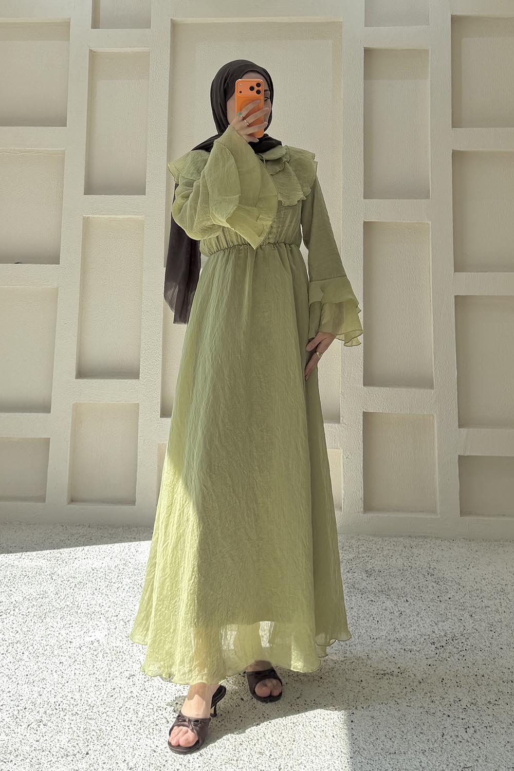 Oil Green Peter Pan Collar Viscose Unprinted Dresess