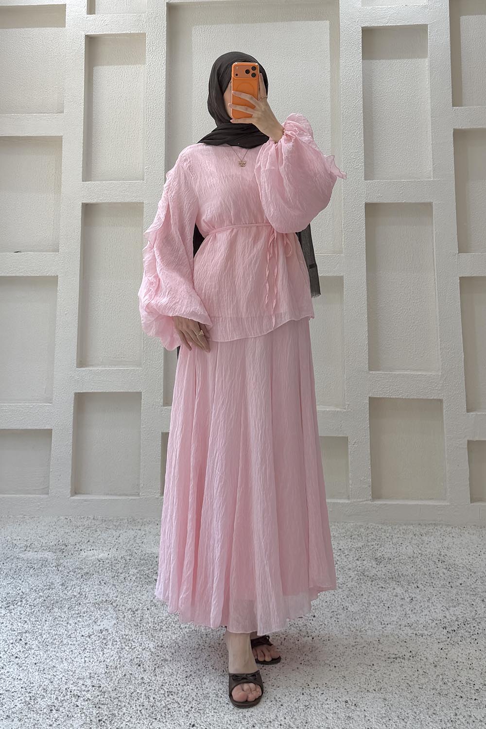 Pink Crew Neck Balloon Sleeve Arm Without Accessories Skirt Suit