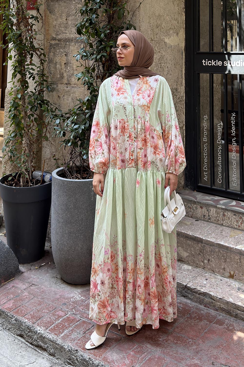 Lamelif Çiçek Detaylı Elbise Mint Yeşili
