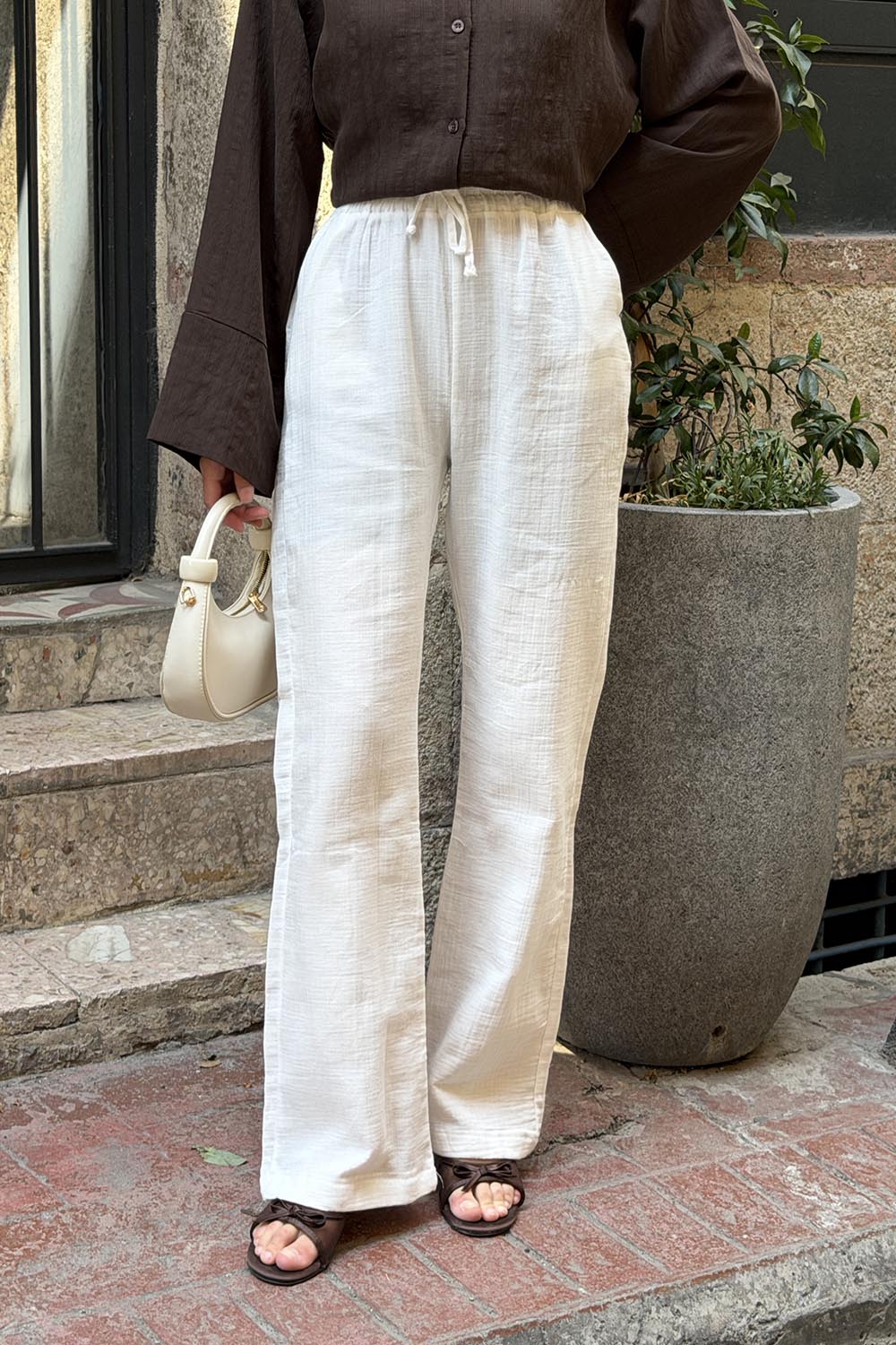 White Linen High Waist Pants