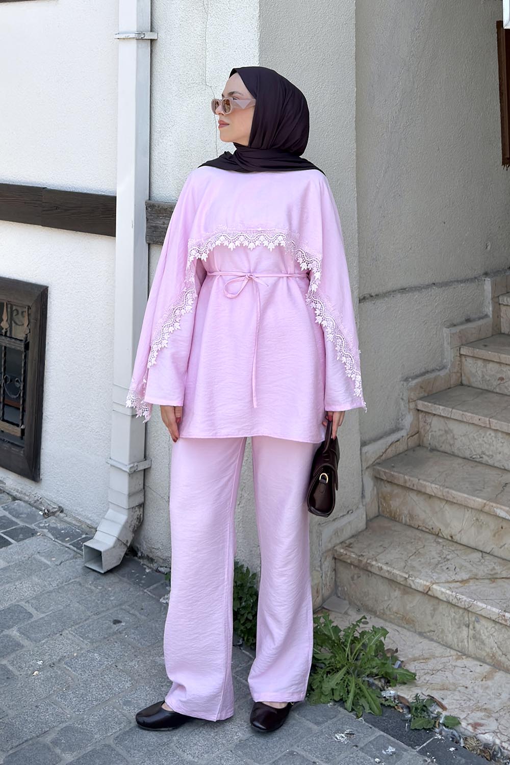 Lamelif Dantel Detaylı Tunik-Pantolon Takım Pembe