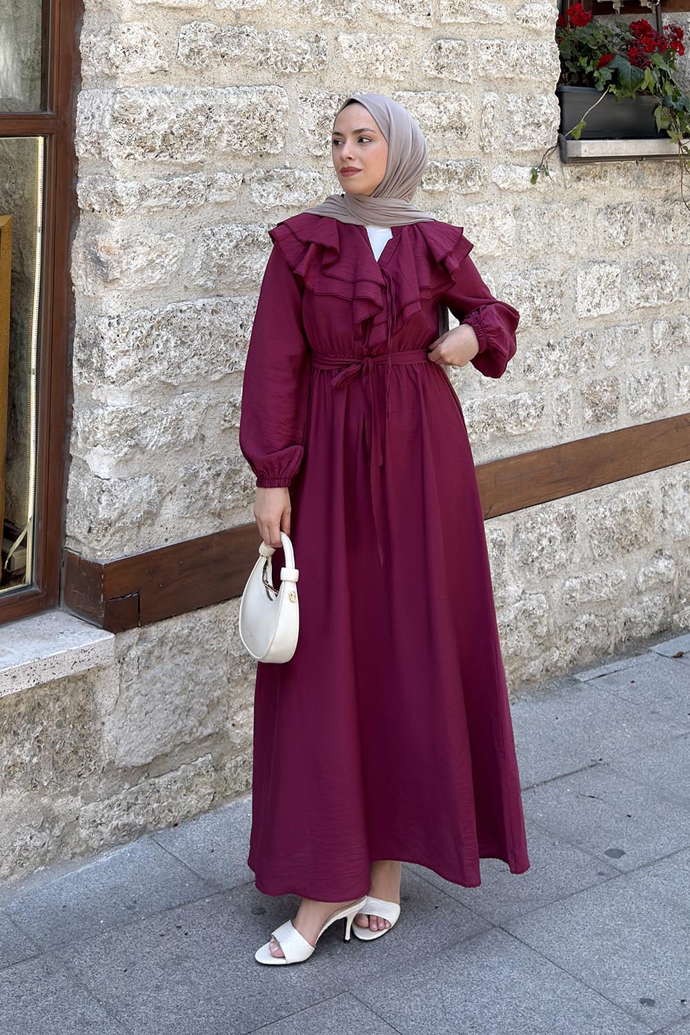 Lamelif Omuz Kat Kat Detaylı Efil Elbise Bordo