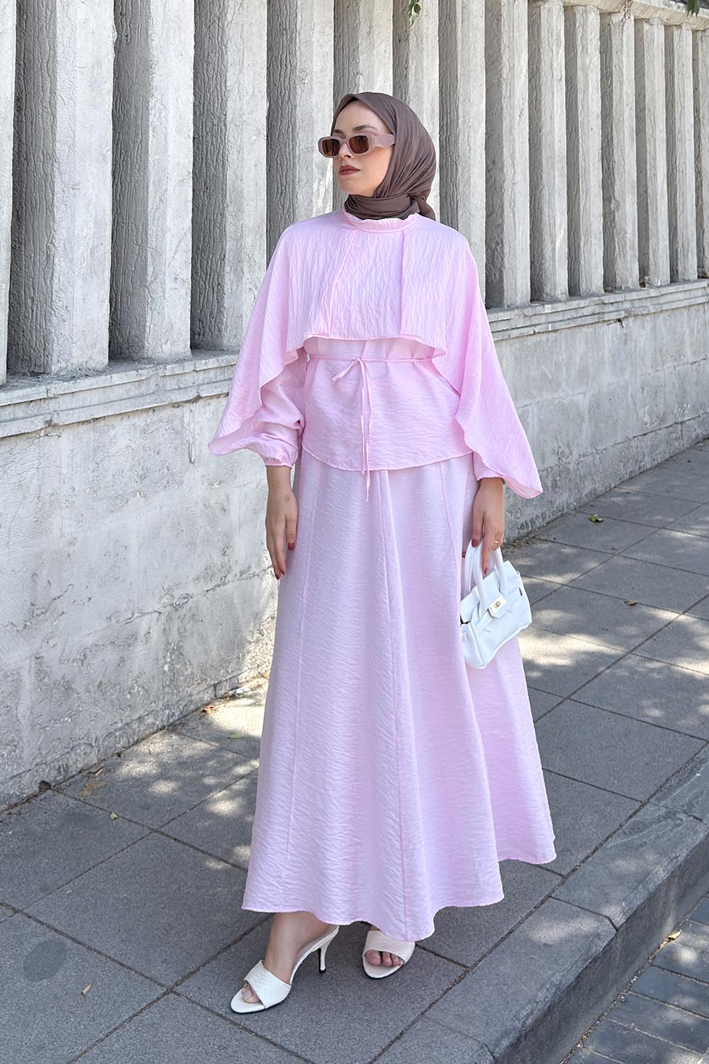 Pink Crew Neck Long Arm Without Accessories Flared Skirt Suit