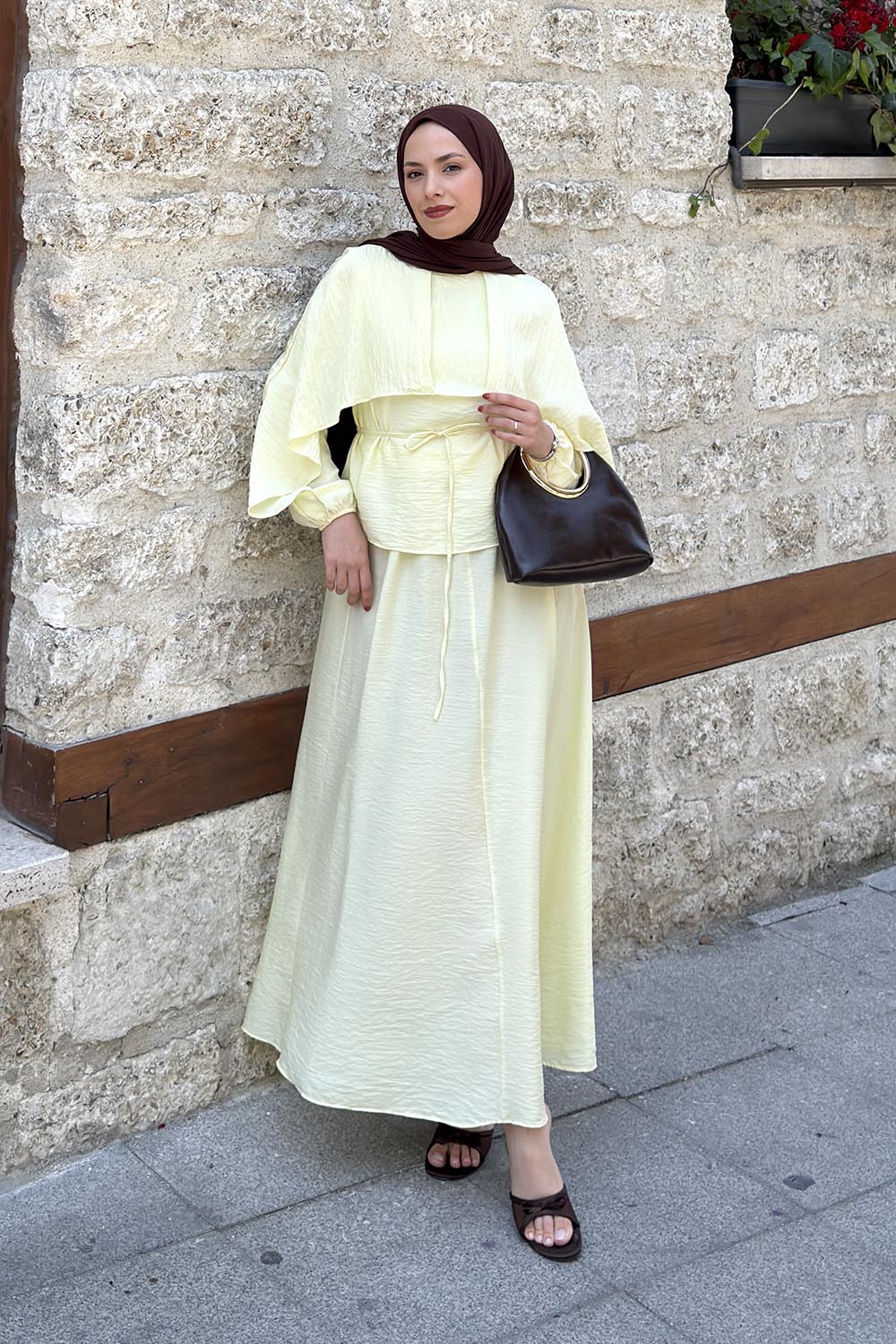 Lamelif Pelerin Tasarım Bluz İkili Takım Sarı