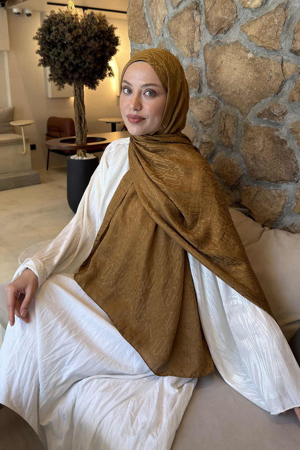 Lamelif  Etnik Desen Ayrobin Floş Jakar  Şal Camel