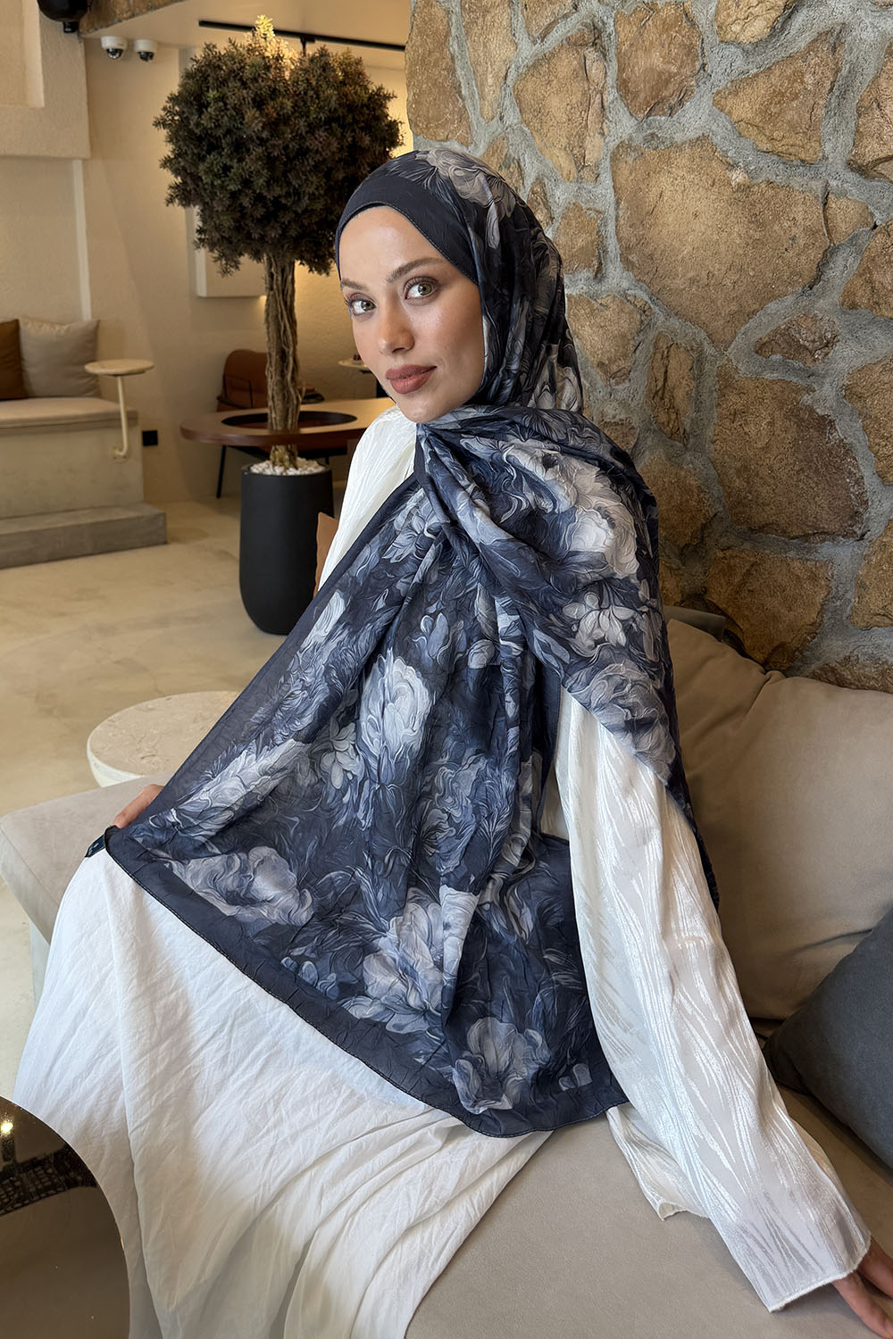 Lamelif Vintage Flower Desen Bambu Şal Antrasit