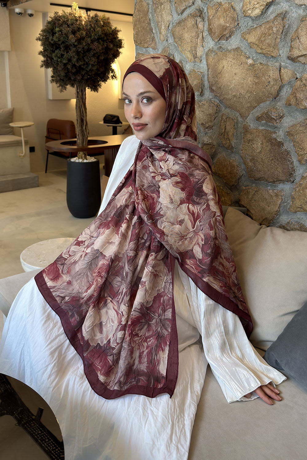 Lamelif Vintage Flower Desen Bambu Şal Bordo