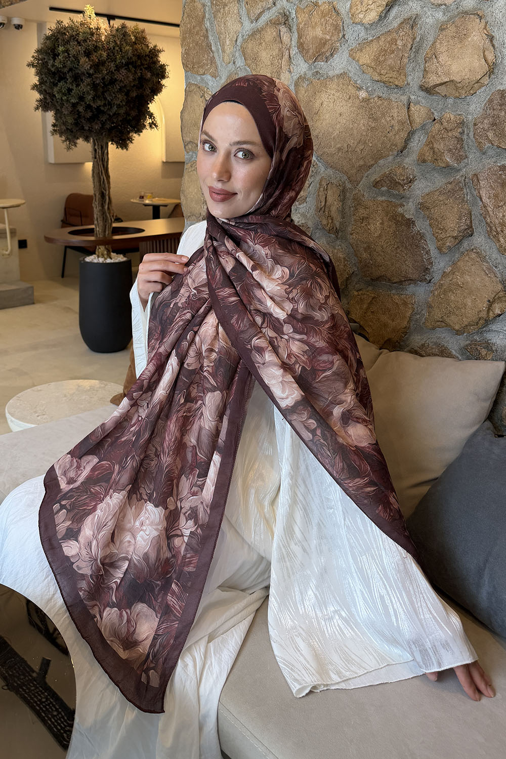 Lamelif Vintage Flower Desen Bambu Şal Kahverengi