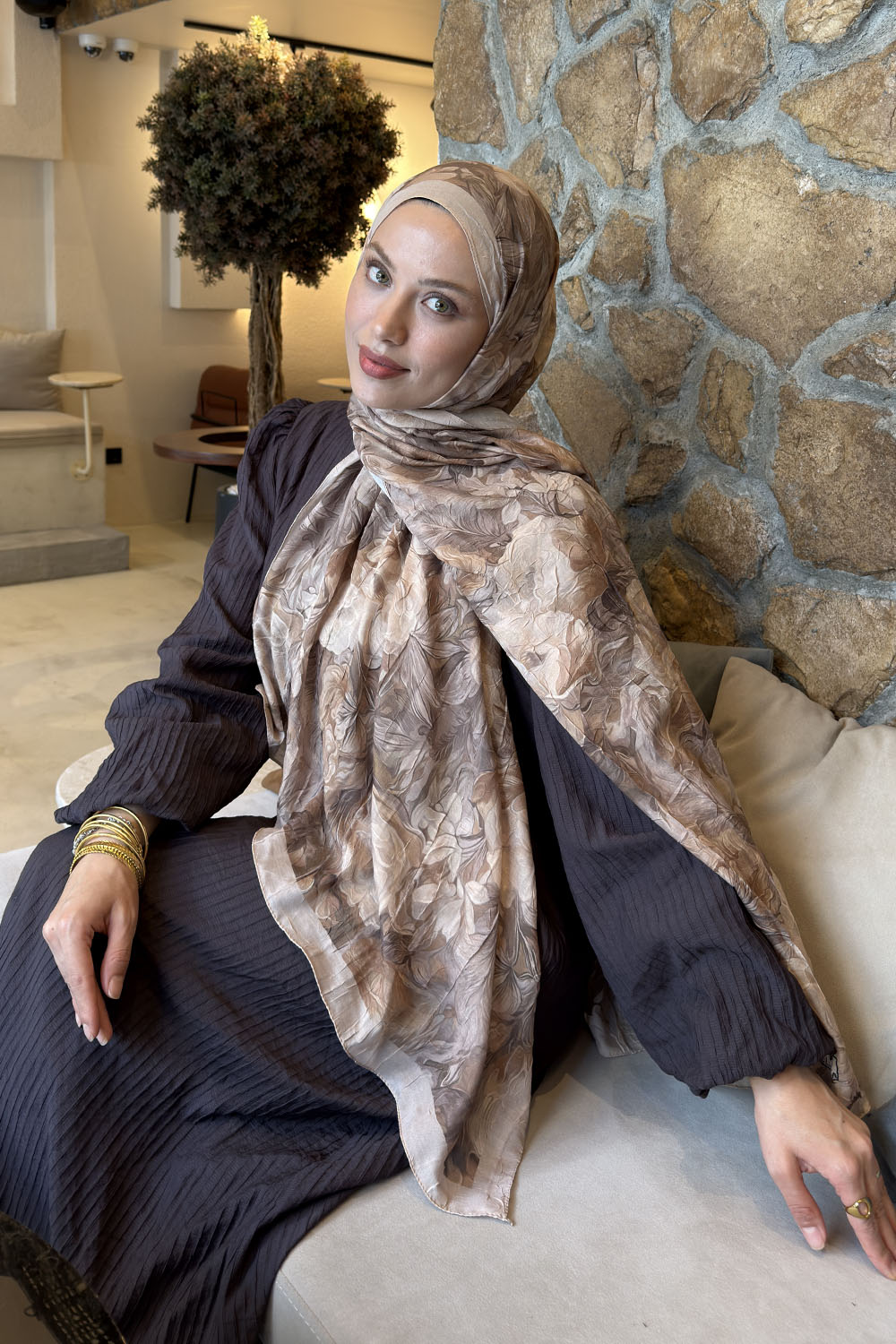 Lamelif Vintage Flower Desen Bambu Şal Koyu Bej