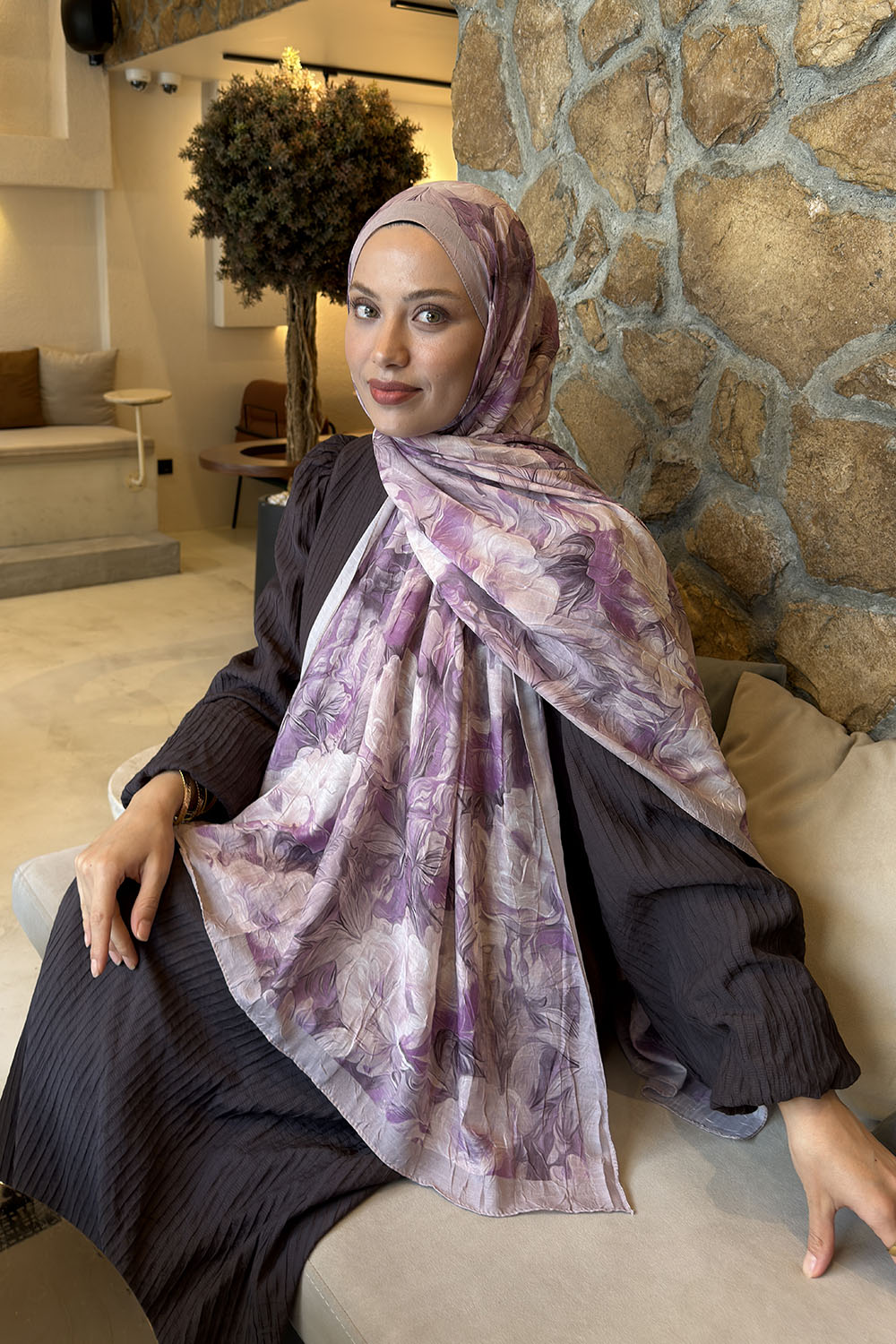 Lamelif Vintage Flower Desen Bambu Şal Lila