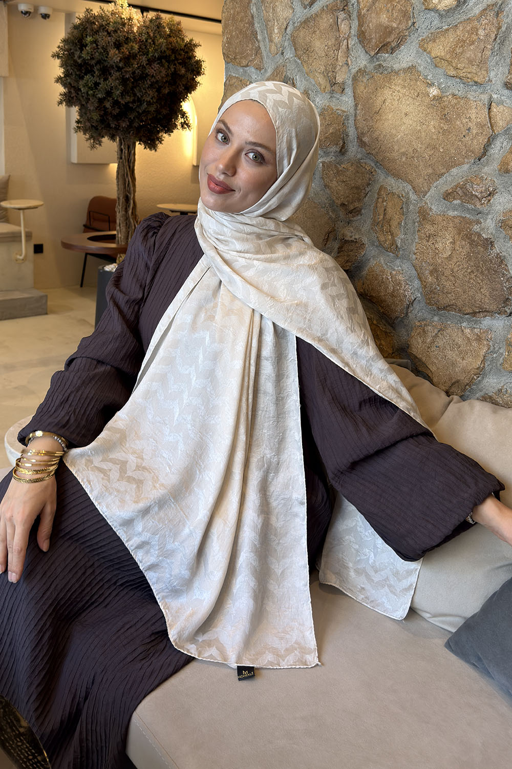 Lamelif  Zikzak Desen Ayrobin Floş Jakar  Şal Bej
