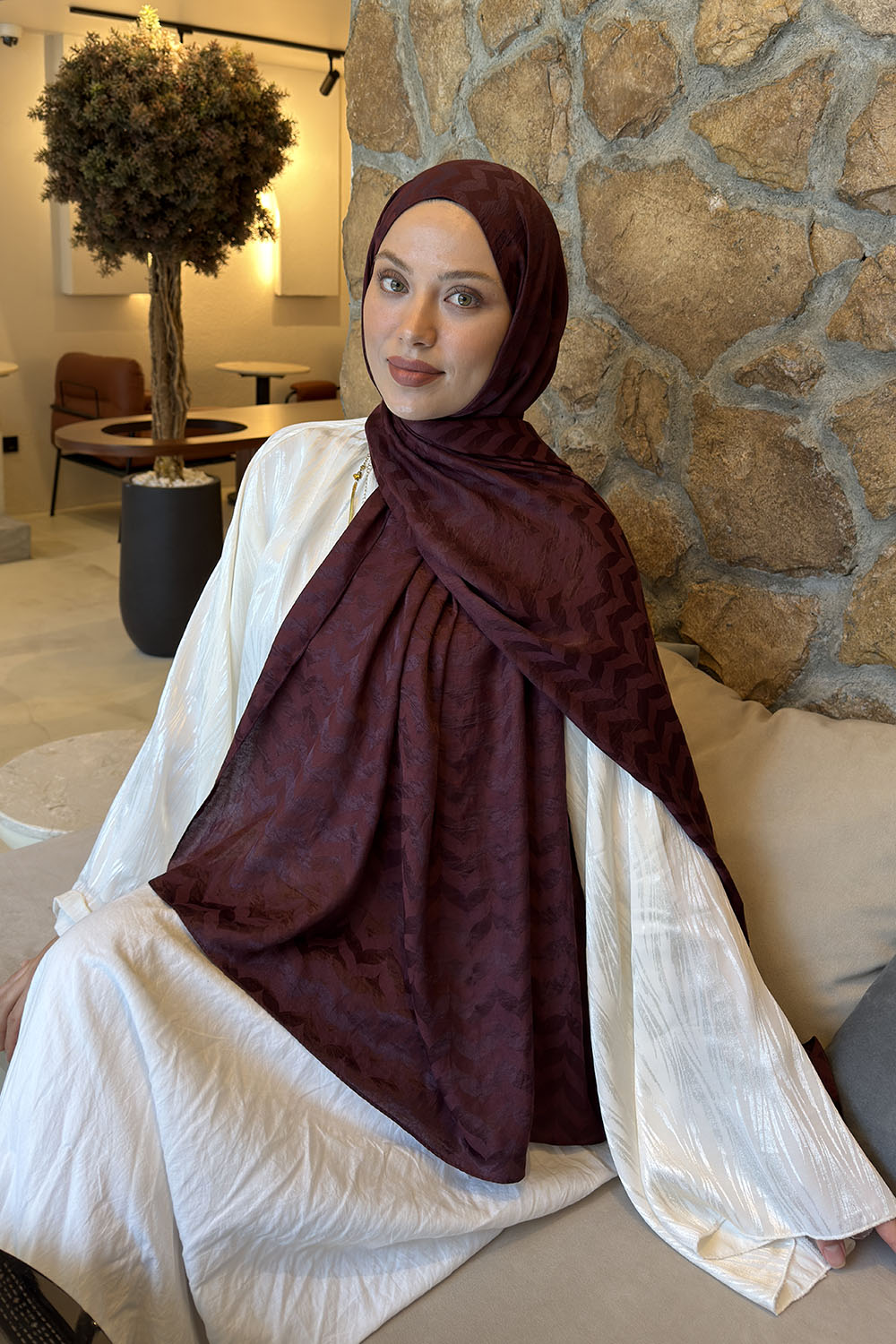 Lamelif  Zikzak Desen Ayrobin Floş Jakar  Şal Koyu Bordo