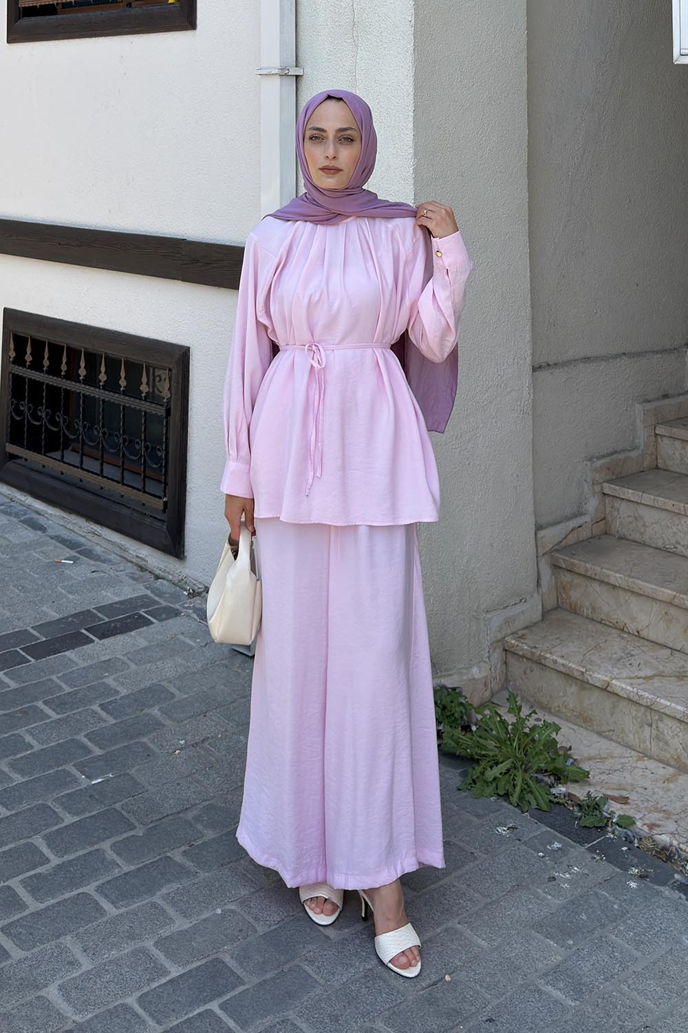 Lamelif Bağlama Detaylı Modal Bluz-Pantolon Takım Pembe
