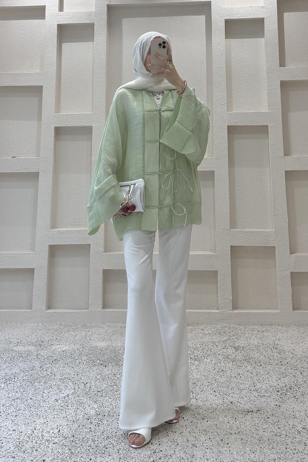 Lamelif Bağlama Detaylı Tül Kimono Yeşil