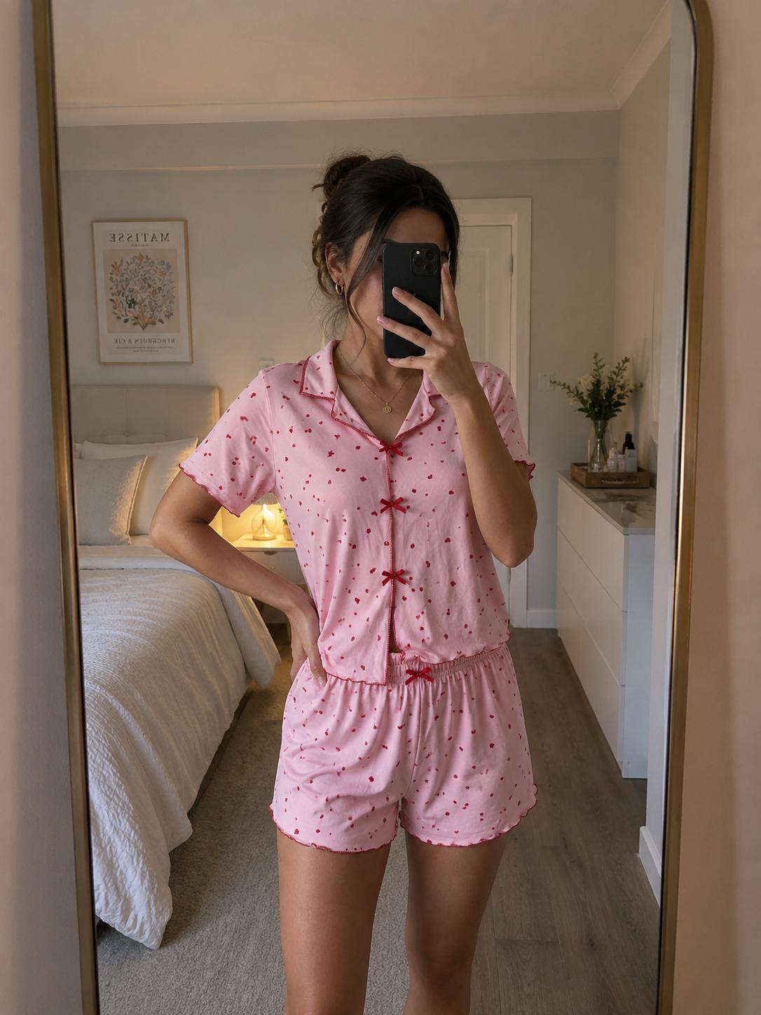 Lamelif Kadın Puantiye Desenli  Kısa Kollu Özel Yaka Şortlu Kadın Pijama Takımı