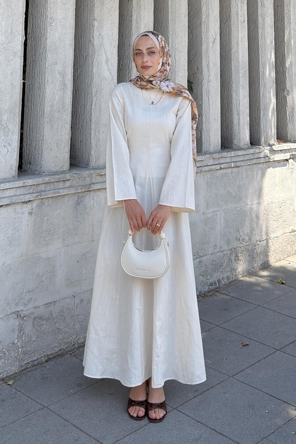 Lamelif Keten Elbise Krem